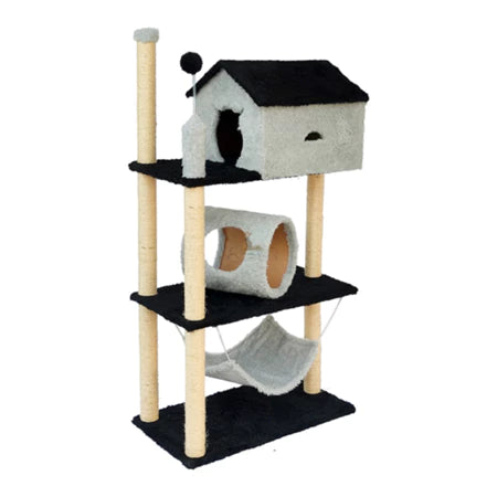 Arranhador Casinha para Gatos 3 Andares Túnel e Rede Brinquedo Torre Poste Sisal Cama