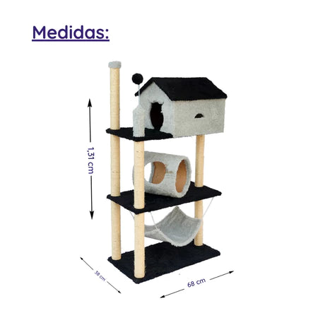 Arranhador Casinha para Gatos 3 Andares Túnel e Rede Brinquedo Torre Poste Sisal Cama