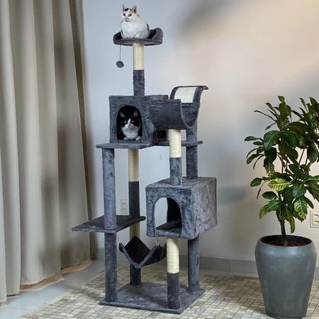 Arranhador, torre de gato grande, luxuoso, multifuncional com casas, camas, rede, poleiros e brinquedo