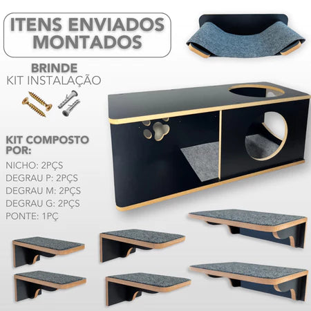 Playground Para Gatos 8pçs MDF 15mm Laminado REFORÇADO Parque Para Gatos Com Rede, Nicho G e Degraus
