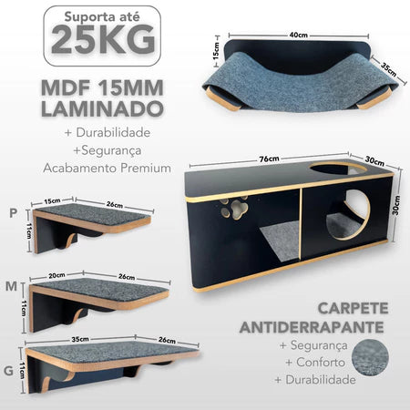 Playground Para Gatos 8pçs MDF 15mm Laminado REFORÇADO Parque Para Gatos Com Rede, Nicho G e Degraus